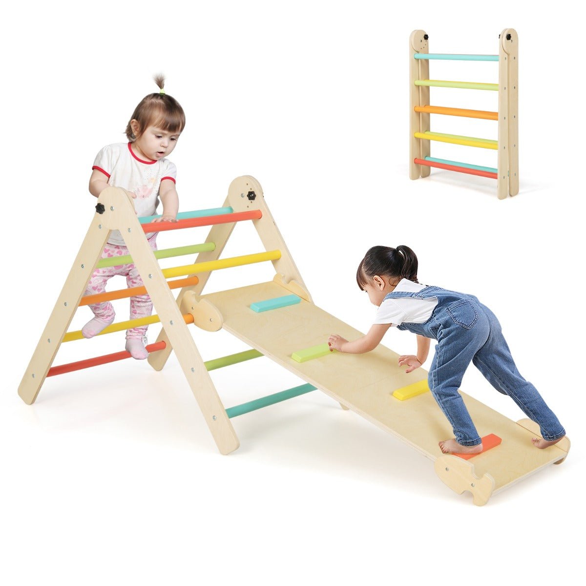 3-in-1 Triangular Climbing Toys with Pikler Triangle and Sliding Climbing Ramp-Multicolour - Kids Mega Mart