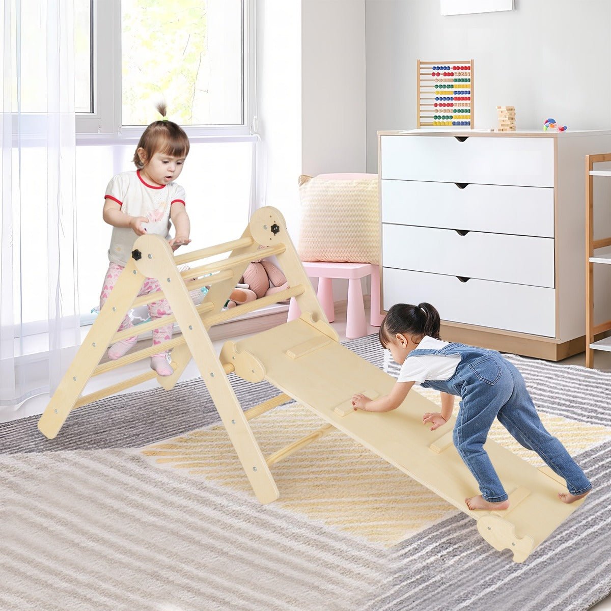3-in-1 Triangular Climbing Toys with Pikler Triangle and Sliding Climbing Ramp-Natural - Kids Mega Mart