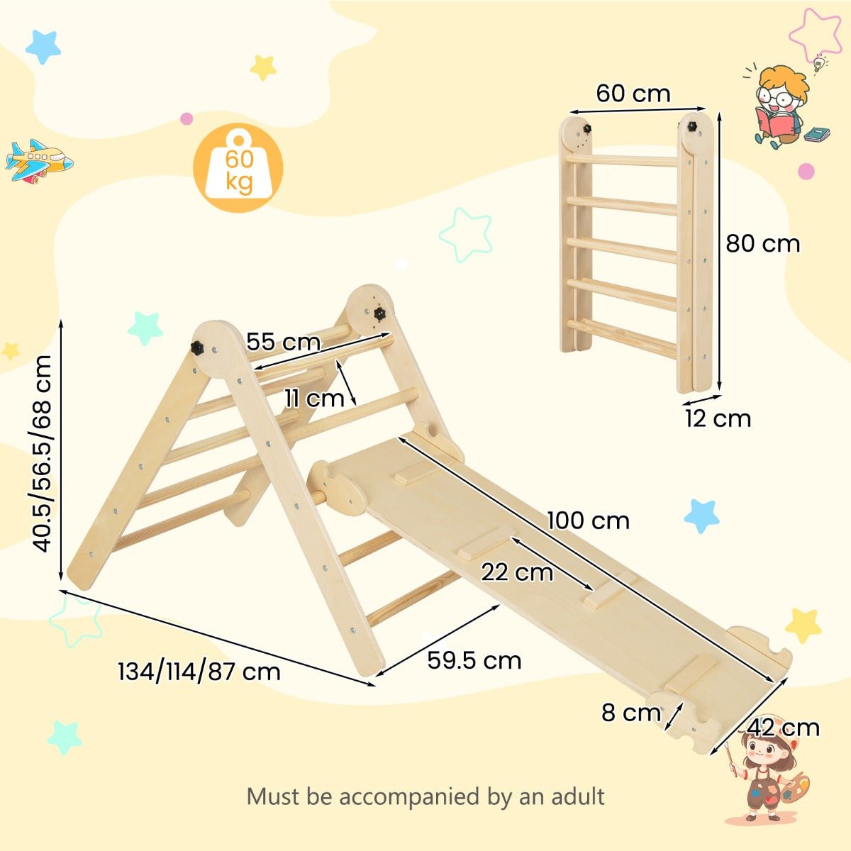 3-in-1 Triangular Climbing Toys with Pikler Triangle and Sliding Climbing Ramp-Natural - Kids Mega Mart