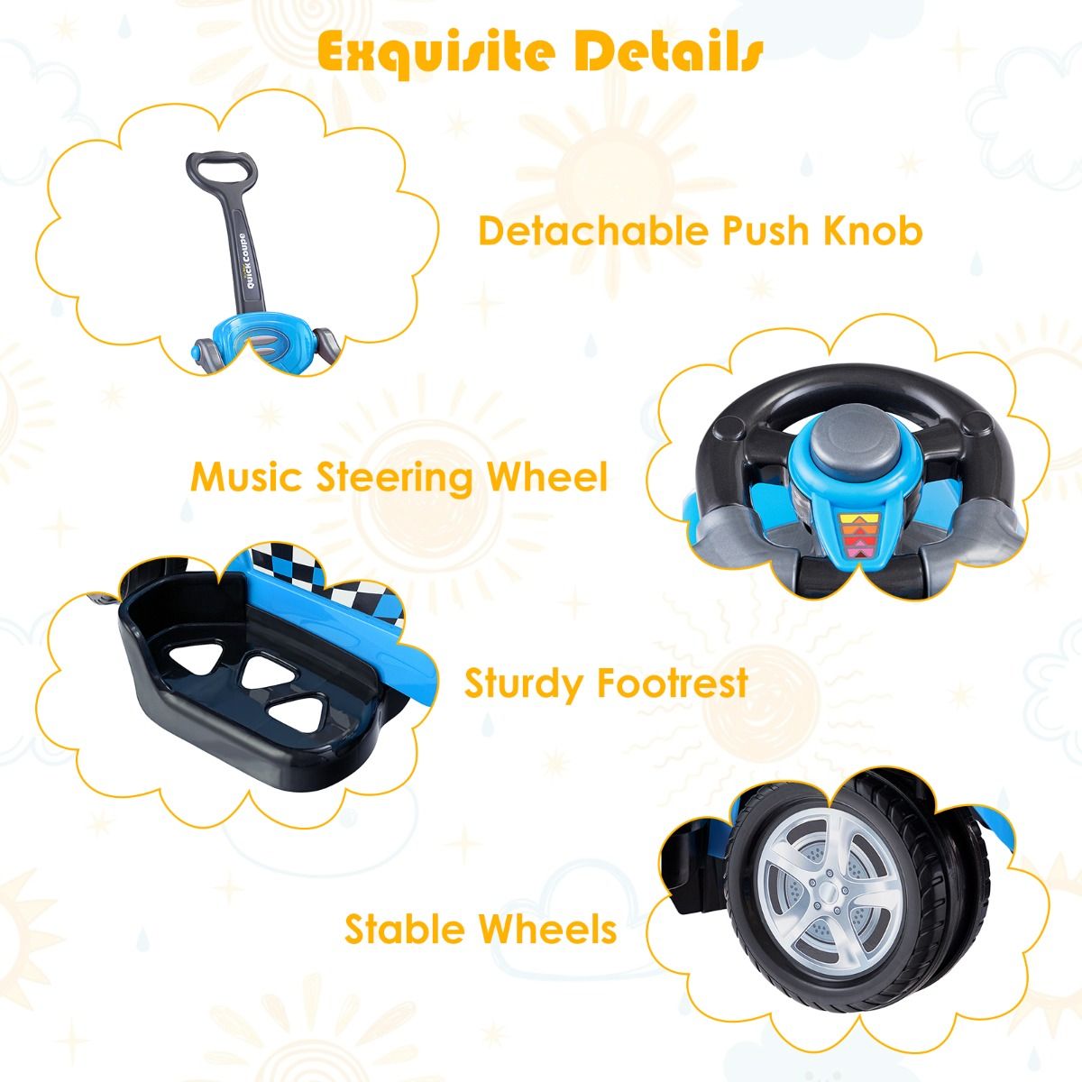 Blue 3-in-1 ride-on push car with detachable guardrails and handle, offering versatile transportation for children Blue 3-in-1 ride-on push car with detachable guardrails and handle, offering versatile transportation for children