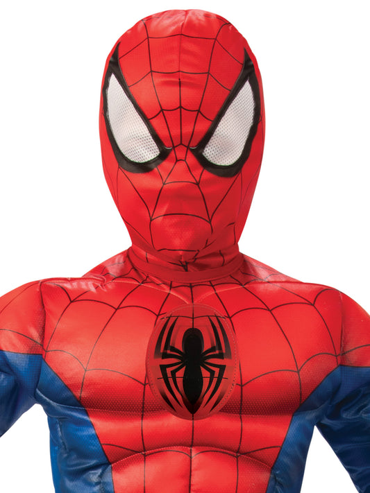 Spider-Man kids costume with muscle chest for imaginative play and dress-up fun.