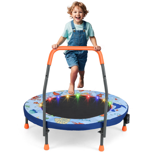 36 Inch Foldable Kids Trampoline | LED Lights Handlebar Blue