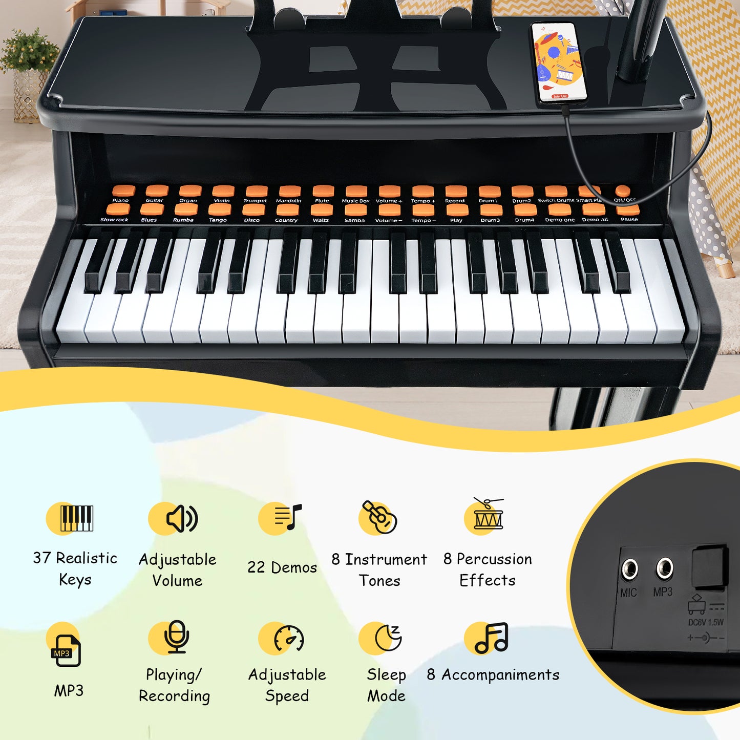 37-Key Kids Piano Keyboard with Mic & Stool | Black