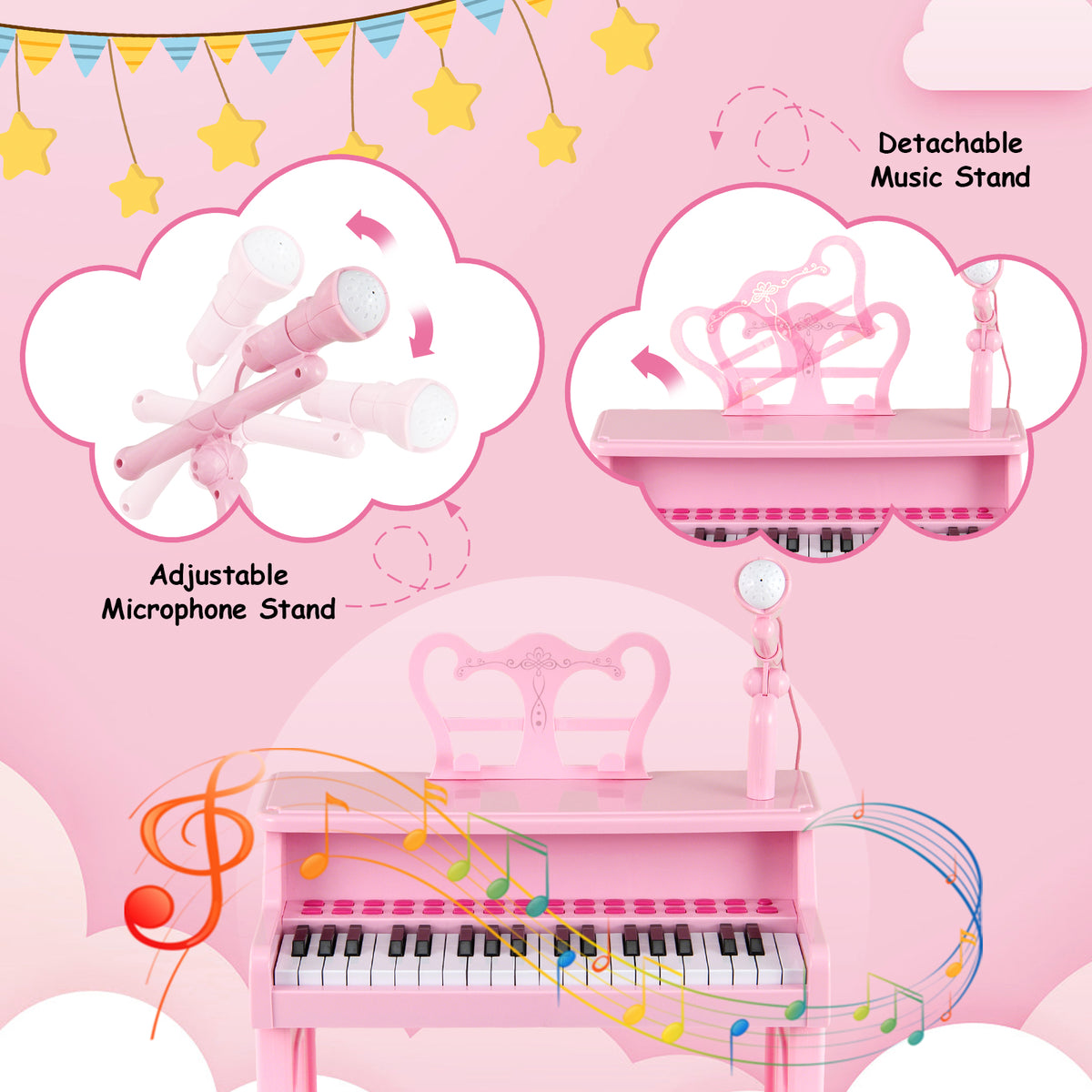 Pink 37 Key Kids Piano Keyboard Toy | Microphone & Music Stand