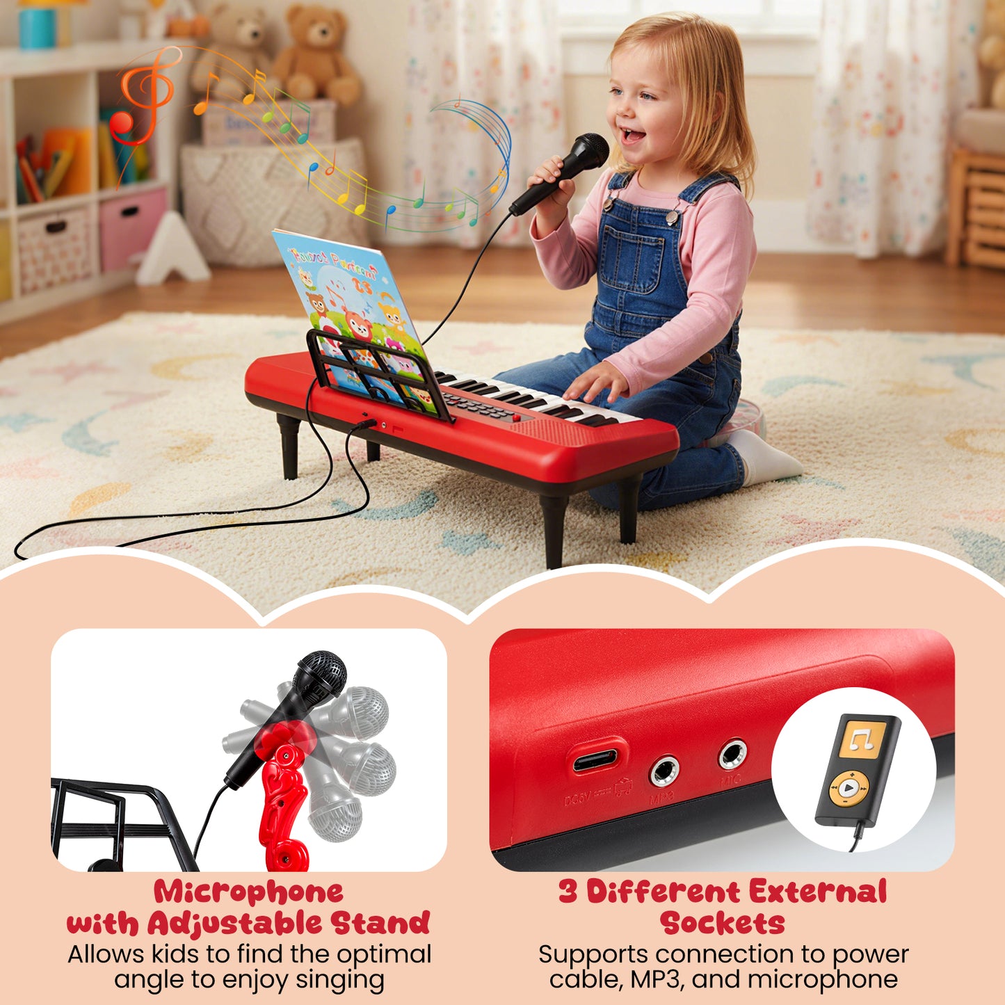 37 Key Kids Piano Keyboard Red | Microphone & Music Stand