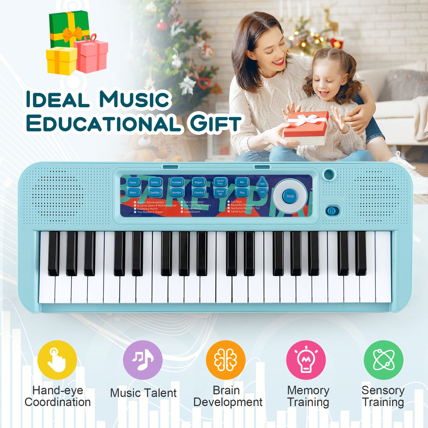 37 Key Piano Keyboard with Microphone & Stool | Blue Kids Toy