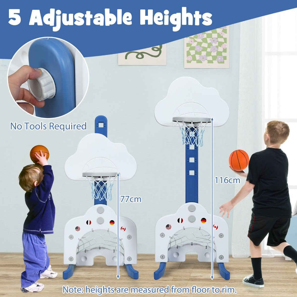 Versatile kids basketball hoop set with soccer and golf games, adjustable for indoor fun.