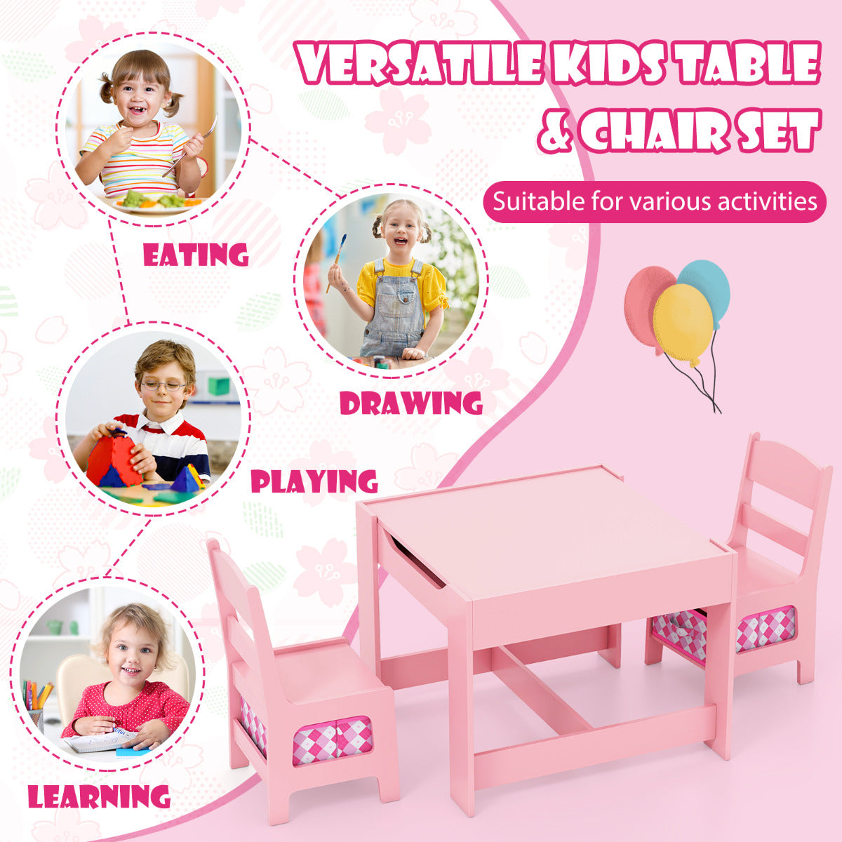 Kids Activity Table Set | 2 Chairs | Pink White Storage Boxes