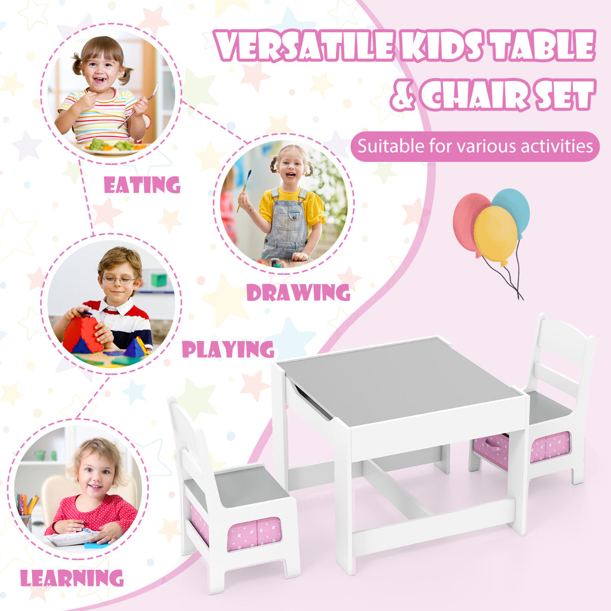 Kids Multi Activity Table with Storage | 2 Chairs Set Light Pink
