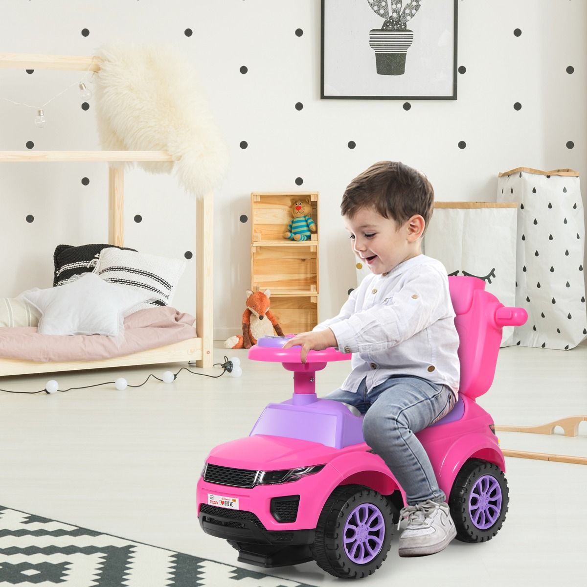 3-in-1 Kids Ride-On Push Car in Pink with Music & Lights, ideal for home fun