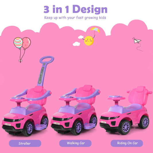 3-in-1 Kids Ride-On Push Car in Pink with Music & Lights, perfect for indoor play