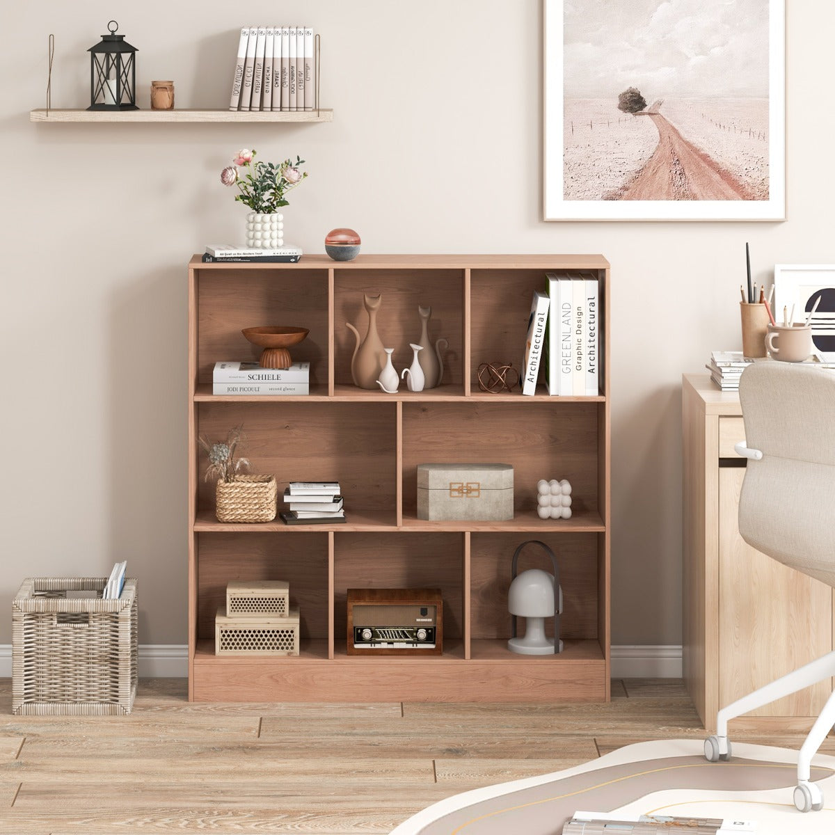 Three-tier freestanding organizer with anti-tipping kits provides storage and enhanced safety for any room.
