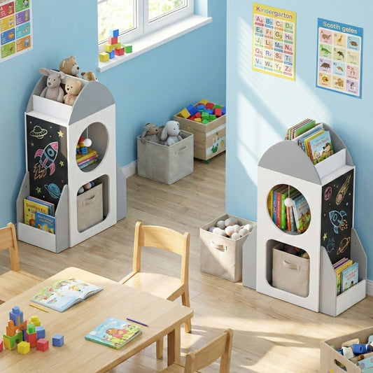 White Rocket Kids Bookshelf | 3 Tier Storage with Chalkboard