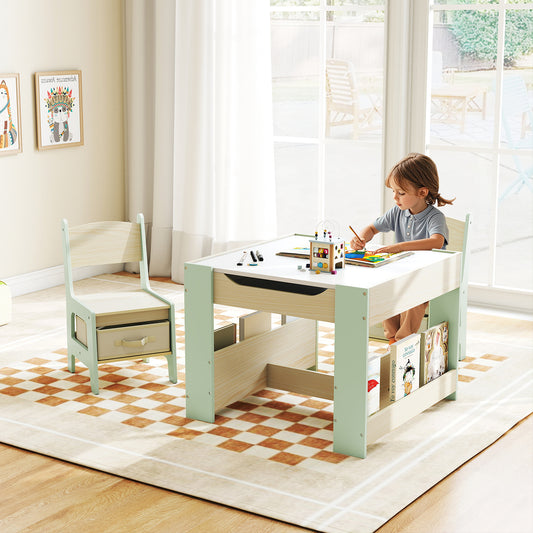 Green Kids Wooden Activity Table | Chalkboard & Bookshelves