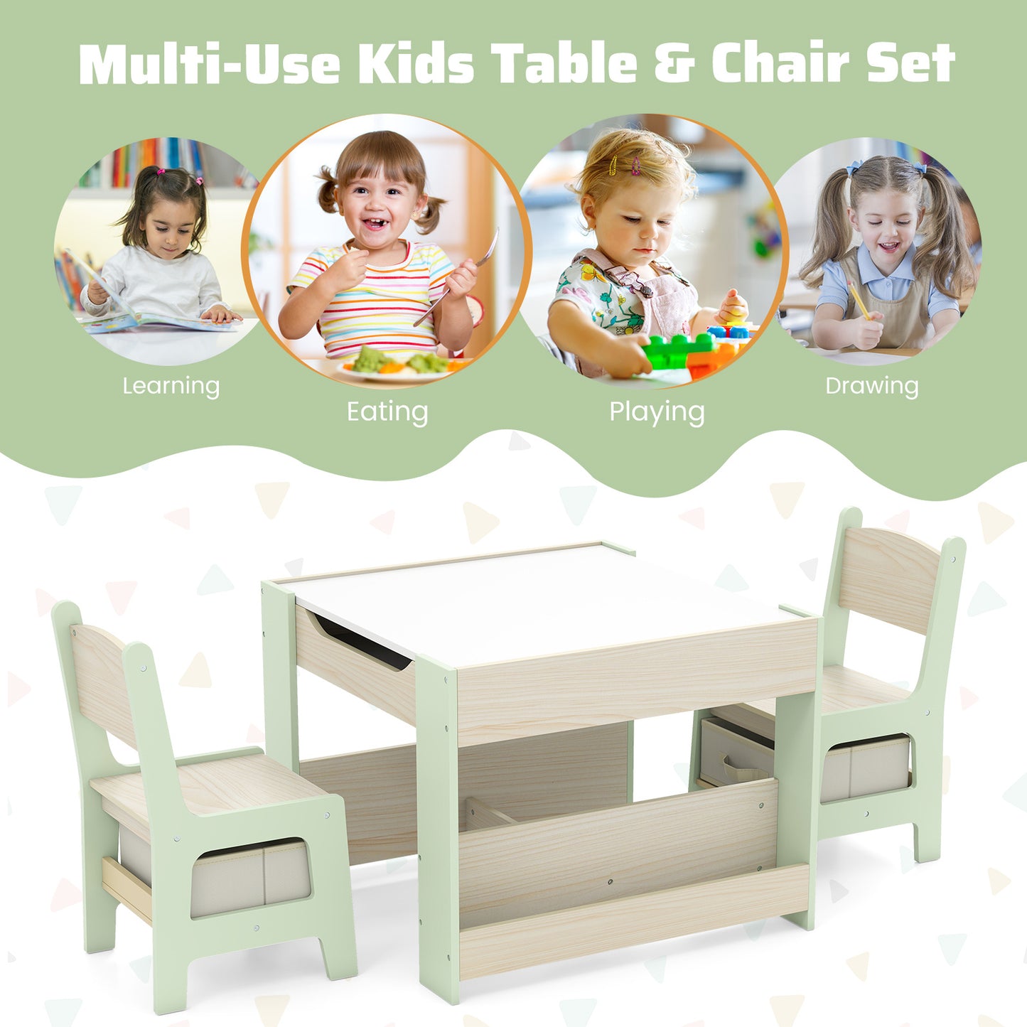 Green Kids Wooden Activity Table | Chalkboard & Bookshelves