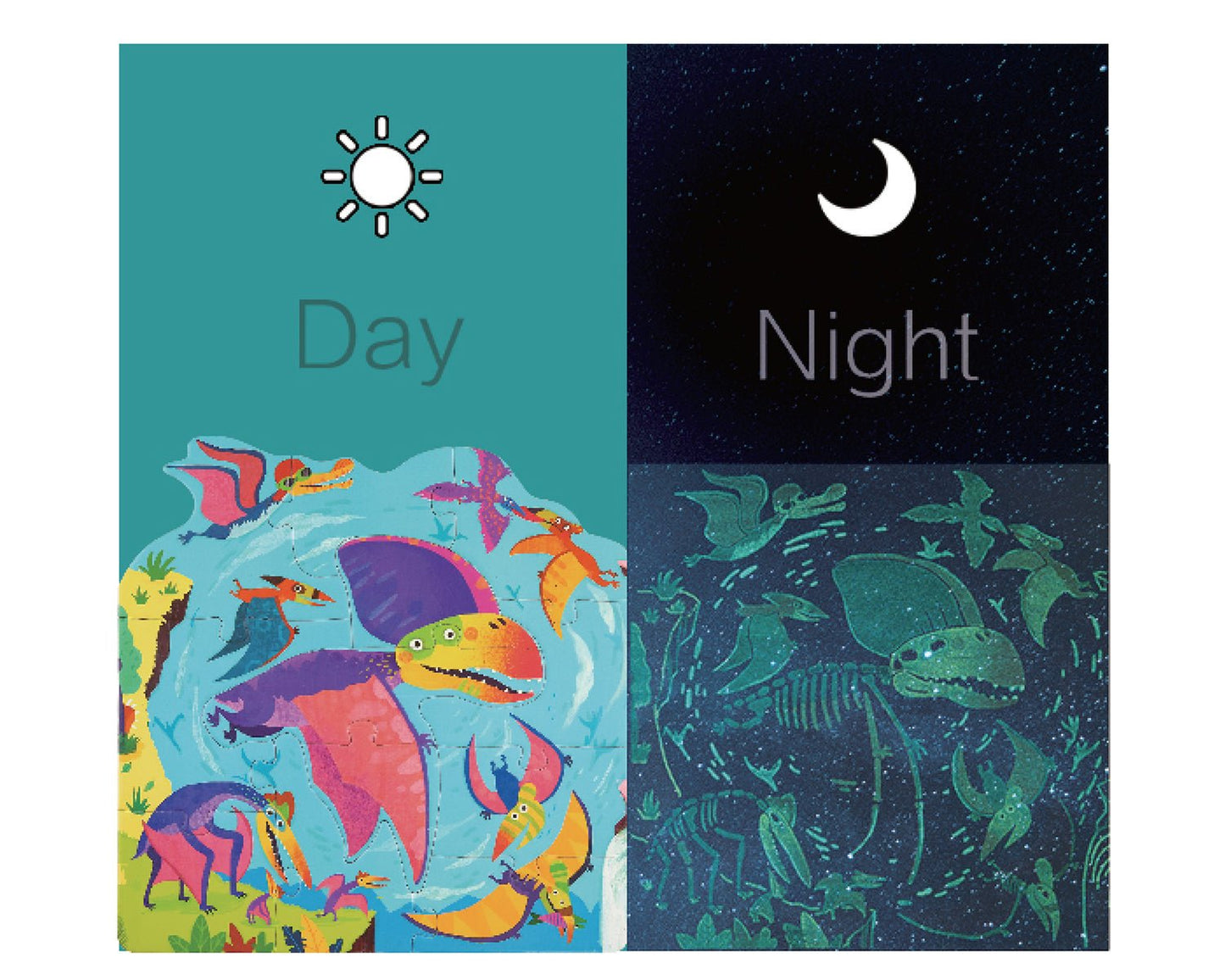 Dinosaur puzzle set with glow-in-the-dark feature for engaging childrens playtime at home.