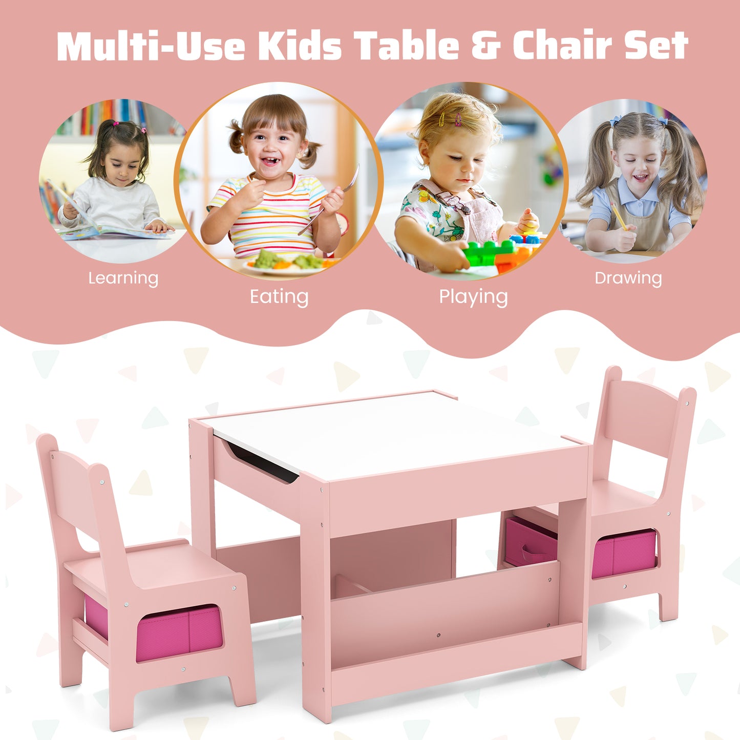 4 In 1 Kids Wooden Activity Table | Dual Board Storage Pink