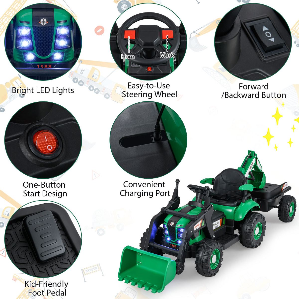 4in1 Electric Ride On Tractor 12V Green | Remote Control Digger