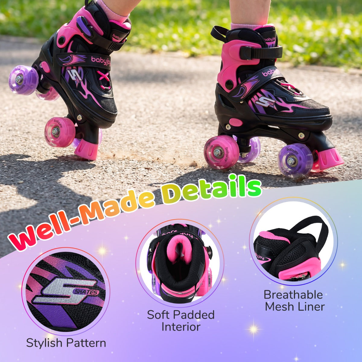 4 Size Adjustable Pink Quad Skates | Light-Up Wheels ABEC-7