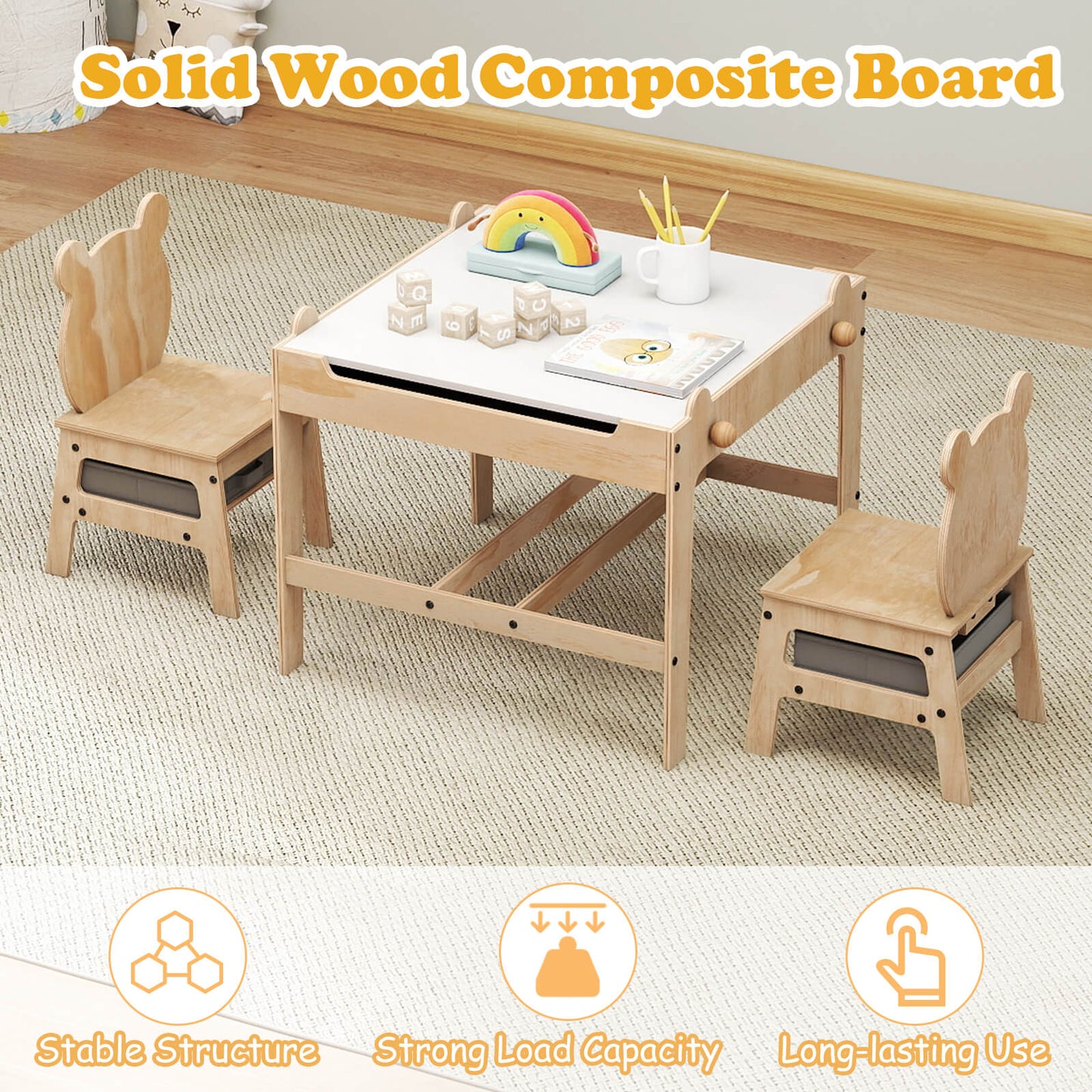 4 In 1 Kids Table Chair Set | Reversible Whiteboard | Natural