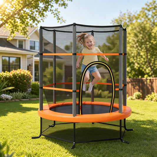 Orange Kids Trampoline 5.3Ft | 135kg Capacity & Enclosure Net