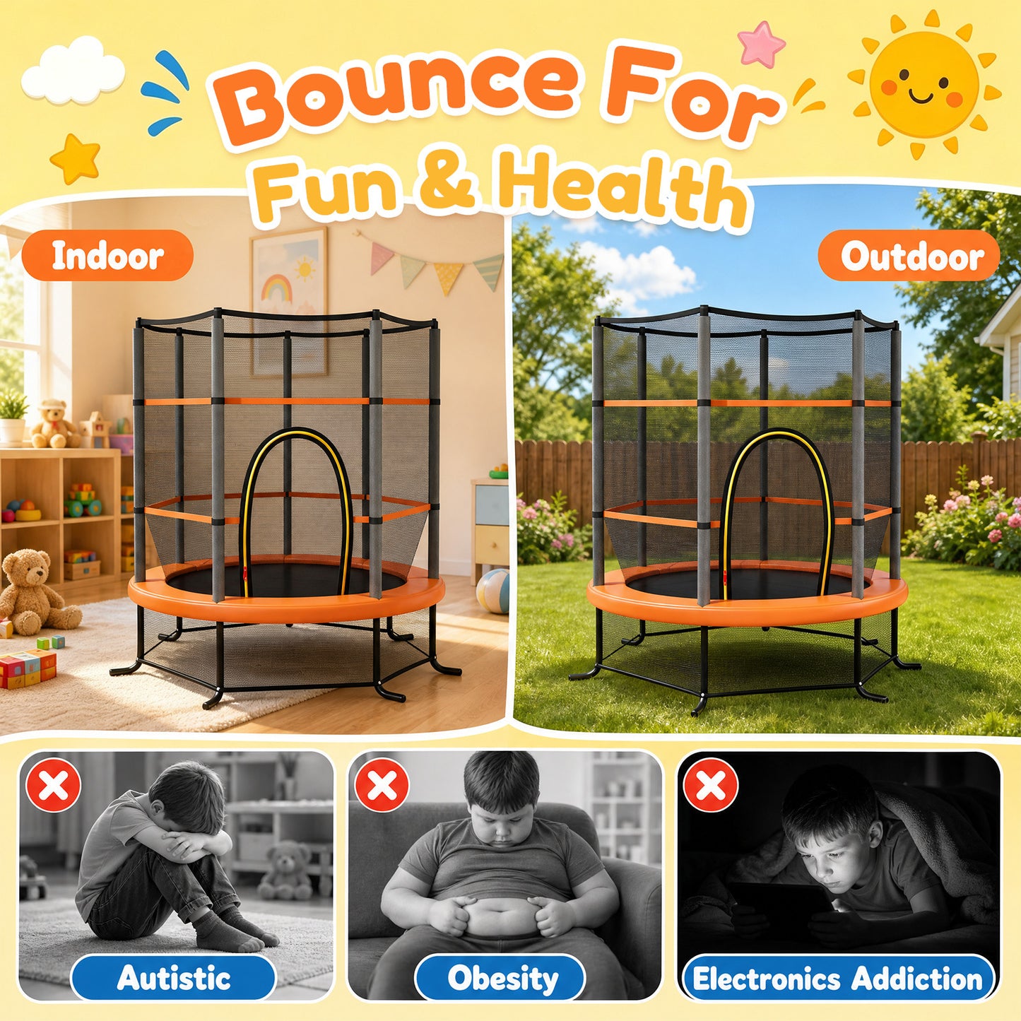 Orange Kids Trampoline 5.3Ft | 135kg Capacity & Enclosure Net