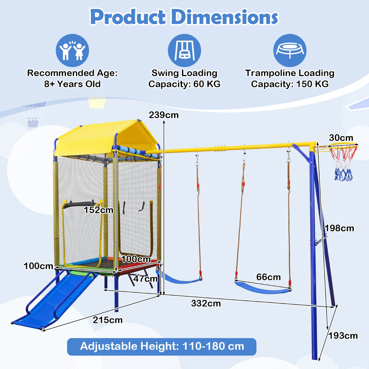 5 In 1 Yellow Kids Swing Set | Trampoline Slide Basketball Hoop