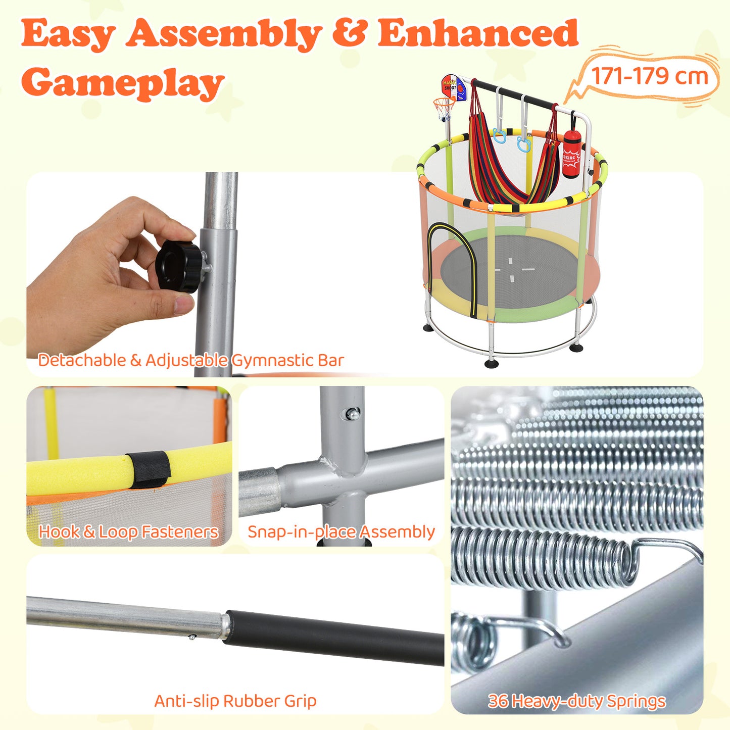 55" 6-in-1 Kids Trampoline Hammock Gym Bar Orange Multicolor