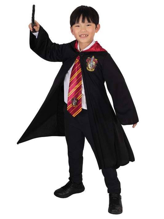 Magical Gryffindor costume set featuring a house robe and wand for young wizards and witches.