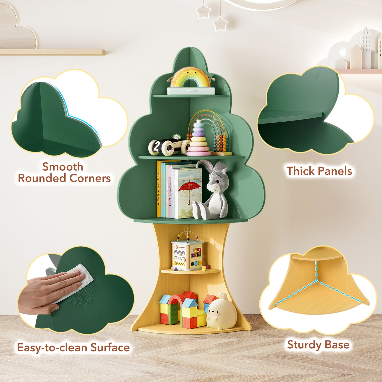 Green 5-Tier Tree Kids Bookshelf | Corner Space-Saving Design
