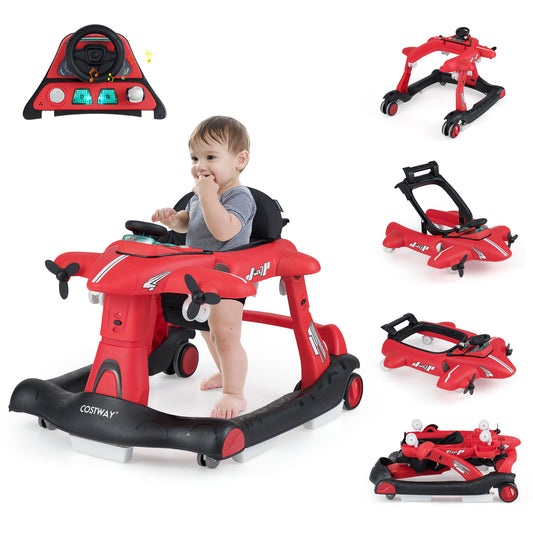 6 In 1 Red Baby Walker | Foldable Adjustable Height Music Lights