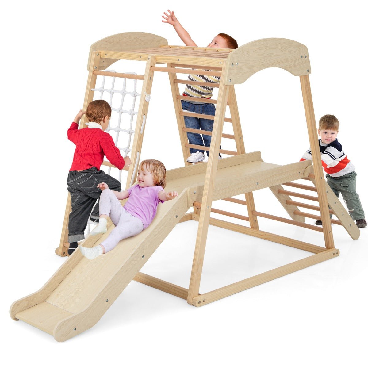 Wooden indoor jungle gym playset with 6 activities for toddlers and kids Wooden indoor jungle gym playset with 6 activities for toddlers and kids