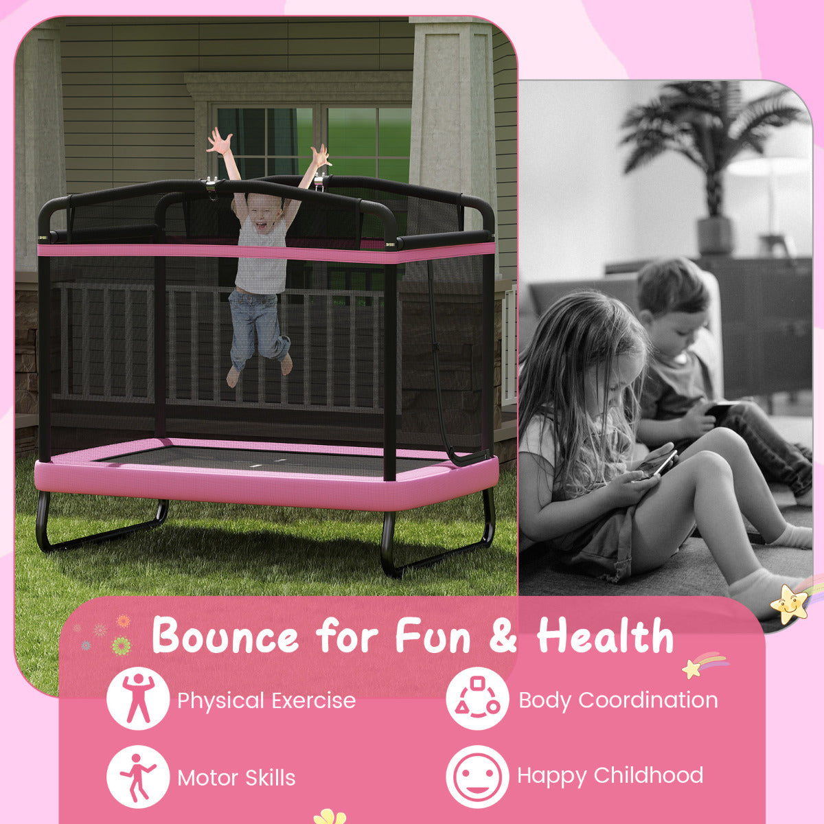 6 Ft Pink Kids Trampoline | Swing & Horizontal Bar | 3-in-1 Fun 6 Ft Pink Kids Trampoline | Swing & Horizontal Bar | 3-in-1 Fun