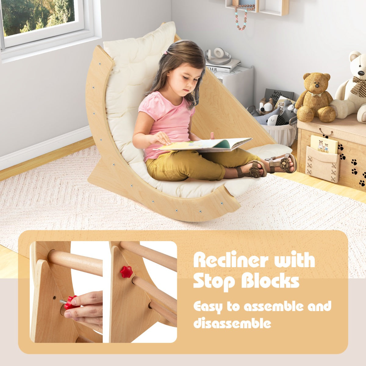 6 In 1 Beige Wooden Climbing Arch | Rocker Table Storage Toy