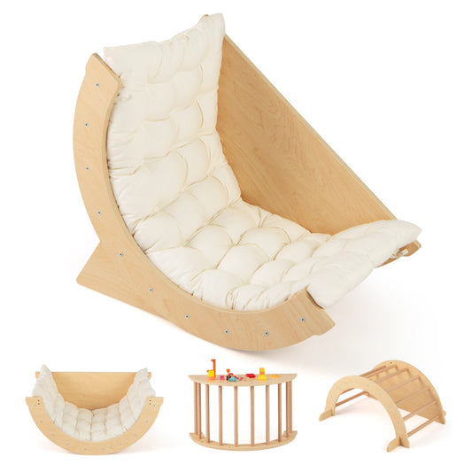 6 In 1 Beige Wooden Climbing Arch | Rocker Table Storage Toy