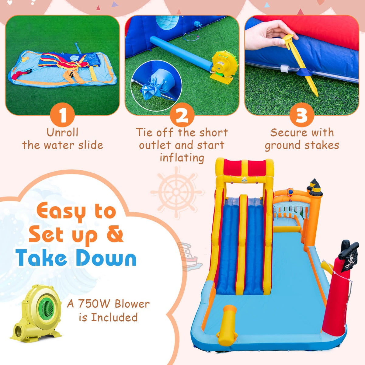 Inflatable water park slide with blower for ultimate backyard fun - 6 activities in 1. Inflatable water park slide with blower for ultimate backyard fun - 6 activities in 1.