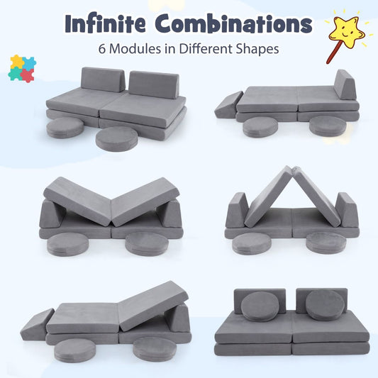 Grey modular play couch set with six foam blocks for kids to build, climb, and create imaginative play spaces