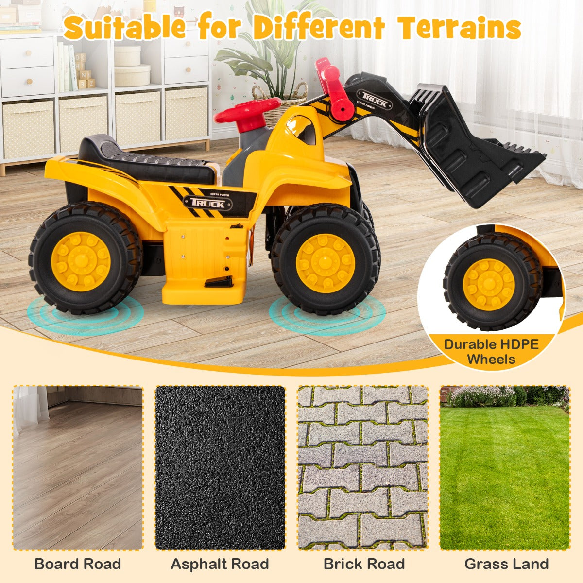 Kids electric excavator with adjustable bucket and storage, ideal for thrilling home adventures. Kids electric excavator with adjustable bucket and storage, ideal for thrilling home adventures.