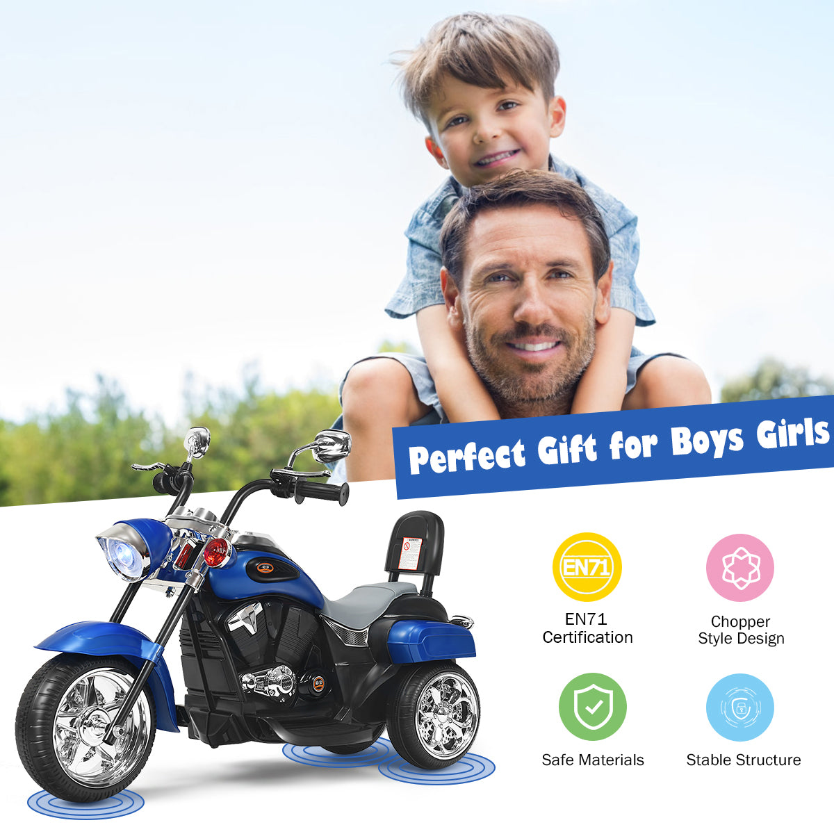 6V Kids Ride-On Motorcycle | 3-Wheel White Blue Chopper with Lights