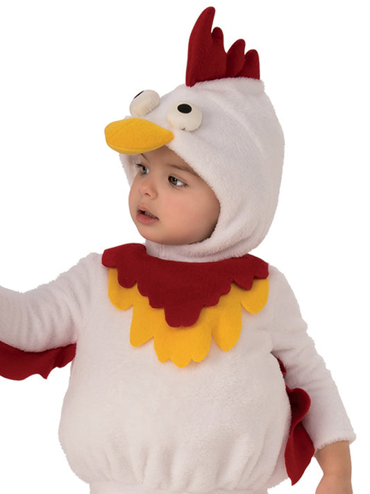 Adorable chicken costume for toddlers features feathered bodysuit and hood, perfect for Halloween or imaginative play.