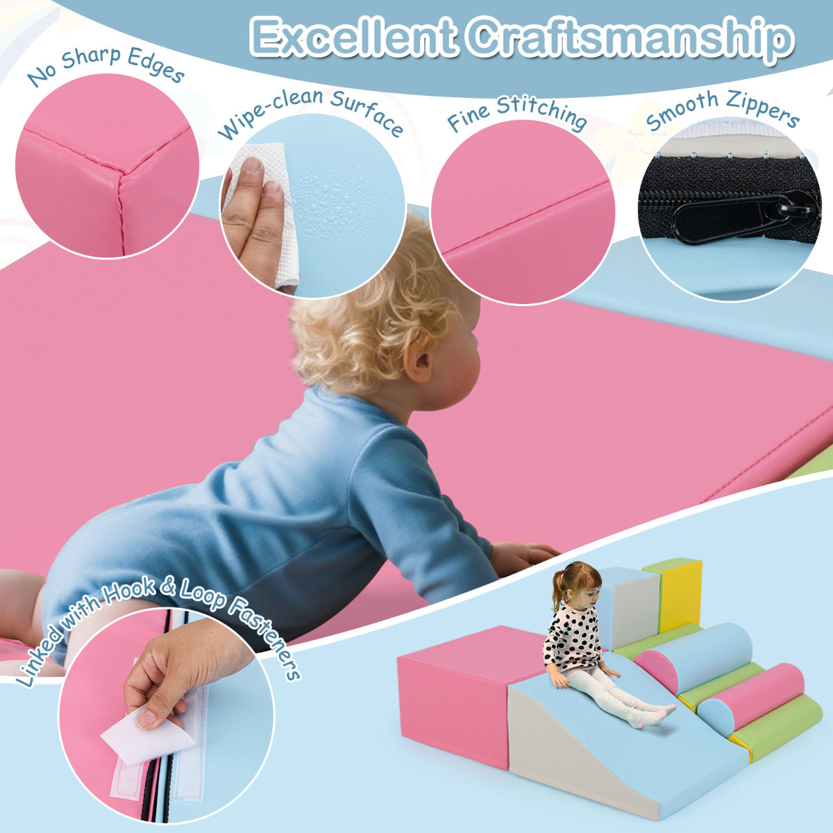 7 Piece Pink Foam Building Blocks | Hook Loop Kids Playset