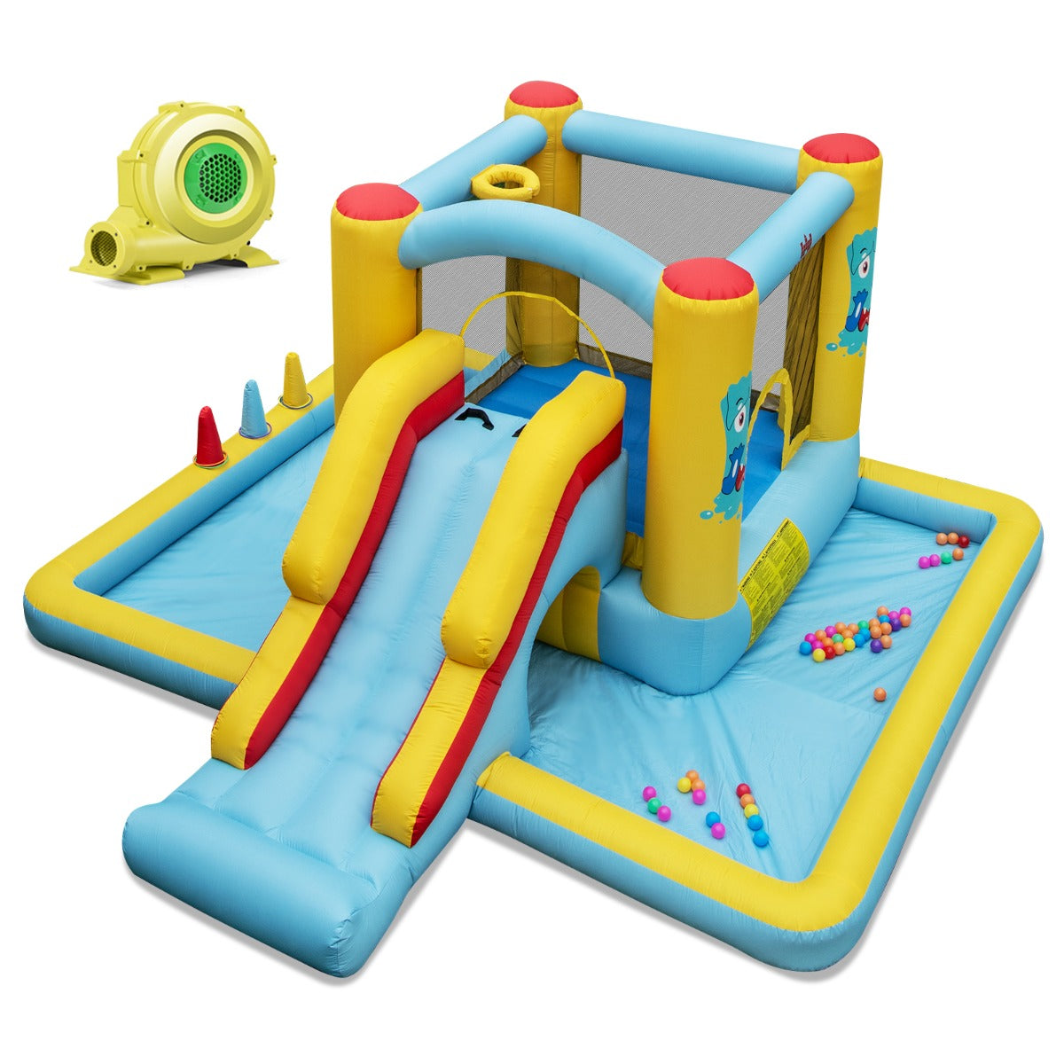 Vibrant inflatable bouncy castle with blower provides exciting outdoor play and exercise for children.