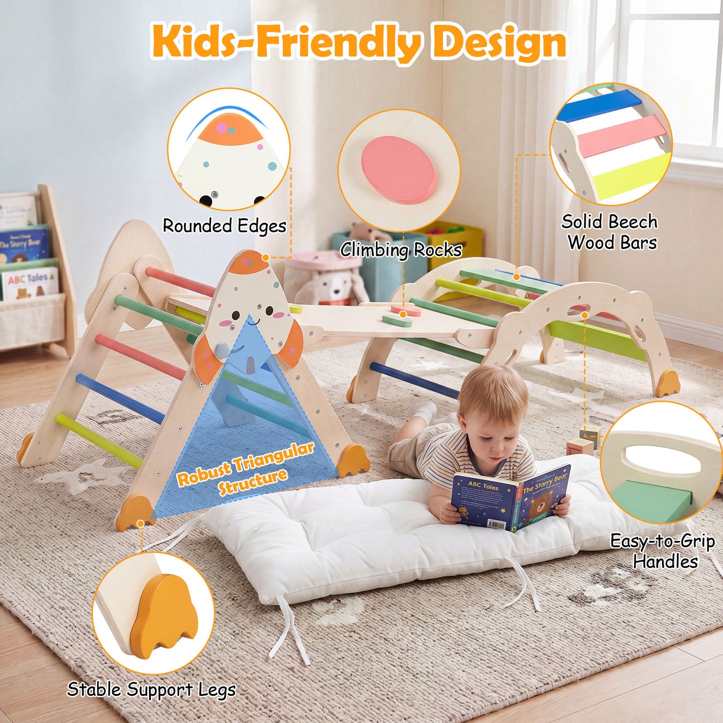8 In 1 Pikler Triangle Set | Rocket Themed Foldable Climber With Cushion