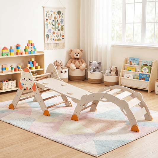 8 In 1 Natural Pikler Triangle Set | Rocket Themed Foldable Climber
