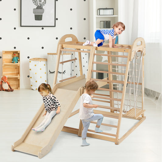 8-in-1 Natural Wooden Montessori Climber Playset With Slide