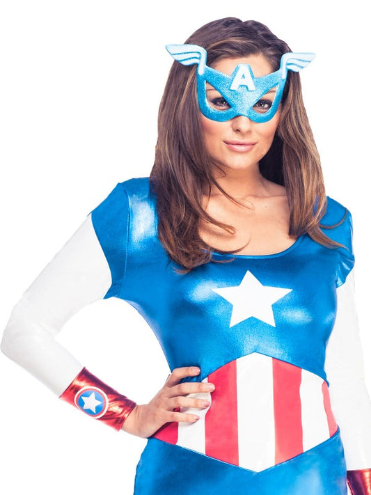 Womens Captain America costume with metallic finish for kids role play and dress-up.