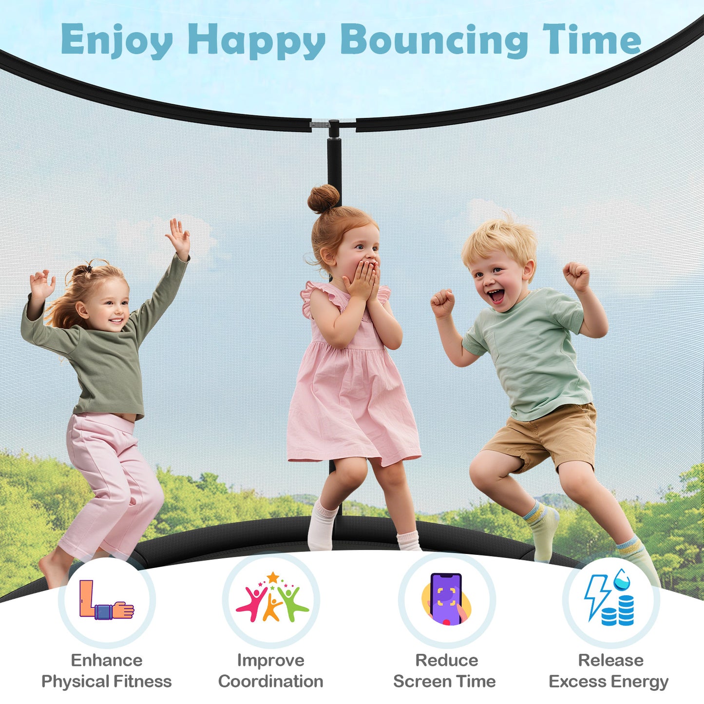 8 Ft Black Outdoor Trampoline | Heavy Duty Steel Frame Recreation