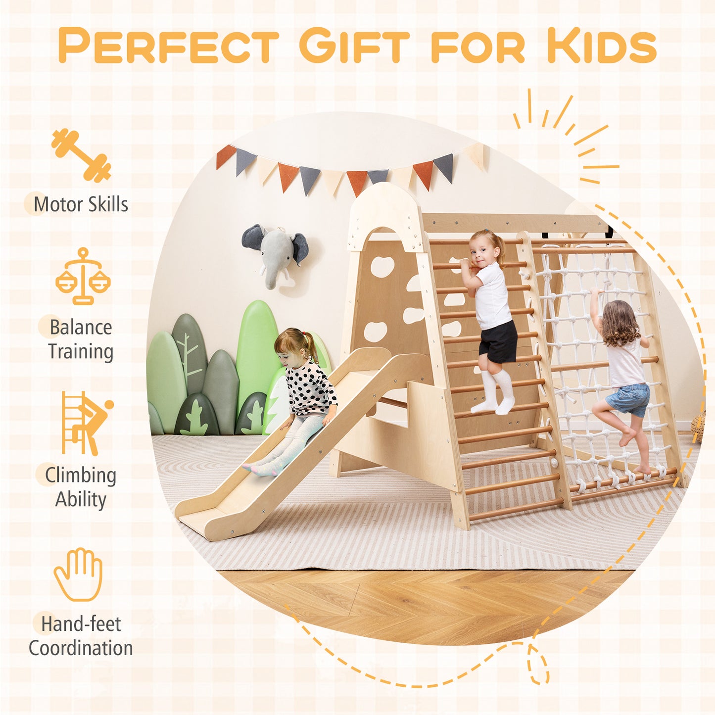 8 in 1 Natural Wood Indoor Jungle Gym | Climbing Playset
