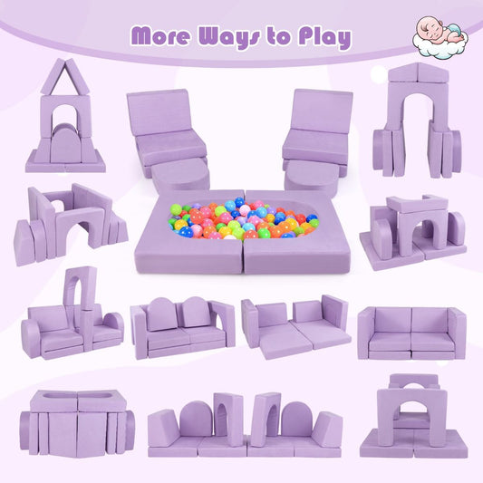 purple modular play couch for children featuring 8 foam pieces for climbing, building, and imaginative play.