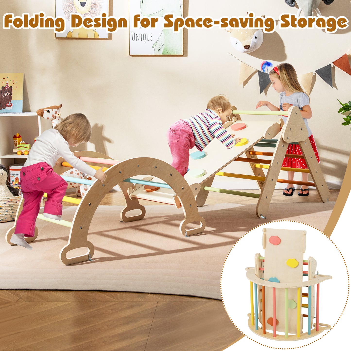8 In 1 Wooden Kids Climbing Frame | Macaron Multicolour Beech